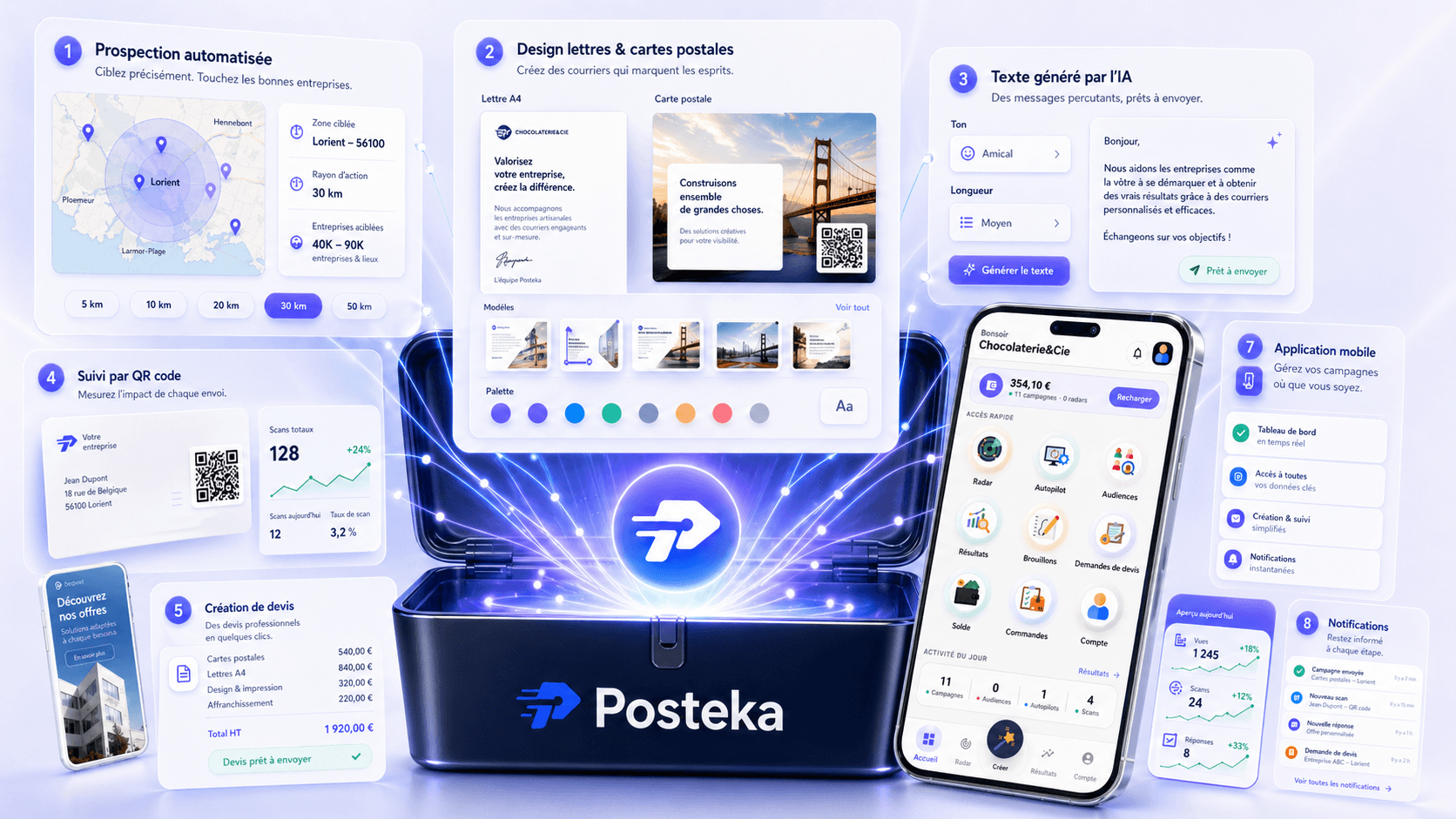 Plateforme Posteka — prospection locale, design, QR code, mobile